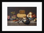 Cheese on a silver plate, red and white grapes and apples in porcelain Wanli bowls, bread rolls, a knife and a sliced apple on a plate, all on a draped table, 1626 by Roloef Koets