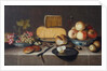 Cheese on a silver plate, red and white grapes and apples in porcelain Wanli bowls, bread rolls, a knife and a sliced apple on a plate, all on a draped table, 1626 by Roloef Koets