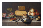 Cheese on a silver plate, red and white grapes and apples in porcelain Wanli bowls, bread rolls, a knife and a sliced apple on a plate, all on a draped table, 1626 by Roloef Koets