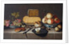 Cheese on a silver plate, red and white grapes and apples in porcelain Wanli bowls, bread rolls, a knife and a sliced apple on a plate, all on a draped table, 1626 by Roloef Koets