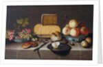 Cheese on a silver plate, red and white grapes and apples in porcelain Wanli bowls, bread rolls, a knife and a sliced apple on a plate, all on a draped table, 1626 by Roloef Koets