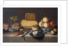 Cheese on a silver plate, red and white grapes and apples in porcelain Wanli bowls, bread rolls, a knife and a sliced apple on a plate, all on a draped table, 1626 by Roloef Koets