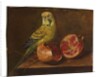 A parakeet and a pomegranate on a ledge by French School