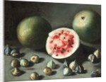Watermelons and figs on a stone ledge by Neapolitan School