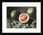 Watermelons and figs on a stone ledge by Neapolitan School