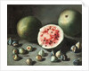 Watermelons and figs on a stone ledge by Neapolitan School