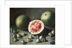 Watermelons and figs on a stone ledge by Neapolitan School