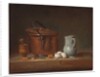 A copper saucepan, a pestle and mortar, a pitcher, a scallion, eggs and an onion on a shelf by Jean-Baptiste Simeon Chardin