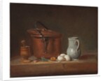 A copper saucepan, a pestle and mortar, a pitcher, a scallion, eggs and an onion on a shelf by Jean-Baptiste Simeon Chardin