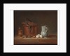 A copper saucepan, a pestle and mortar, a pitcher, a scallion, eggs and an onion on a shelf by Jean-Baptiste Simeon Chardin