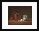A copper saucepan, a pestle and mortar, a pitcher, a scallion, eggs and an onion on a shelf by Jean-Baptiste Simeon Chardin
