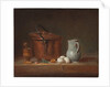 A copper saucepan, a pestle and mortar, a pitcher, a scallion, eggs and an onion on a shelf by Jean-Baptiste Simeon Chardin