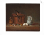 A copper saucepan, a pestle and mortar, a pitcher, a scallion, eggs and an onion on a shelf by Jean-Baptiste Simeon Chardin