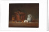 A copper saucepan, a pestle and mortar, a pitcher, a scallion, eggs and an onion on a shelf by Jean-Baptiste Simeon Chardin