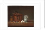 A copper saucepan, a pestle and mortar, a pitcher, a scallion, eggs and an onion on a shelf by Jean-Baptiste Simeon Chardin