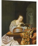 An interior with a woman reading music at a partially draped table with a double-head lute, 1671 by Frans van Mieris