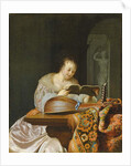 An interior with a woman reading music at a partially draped table with a double-head lute, 1671 by Frans van Mieris