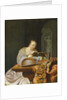 An interior with a woman reading music at a partially draped table with a double-head lute, 1671 by Frans van Mieris