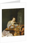 An interior with a woman reading music at a partially draped table with a double-head lute, 1671 by Frans van Mieris