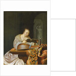 An interior with a woman reading music at a partially draped table with a double-head lute, 1671 by Frans van Mieris