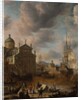 A Mediterranean 'capriccio' harbour with figures conversing on a quay and a Dutch three-master mooring beyond, 1665 by Jan Beerstraten