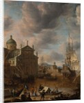 A Mediterranean 'capriccio' harbour with figures conversing on a quay and a Dutch three-master mooring beyond, 1665 by Jan Beerstraten