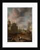A Mediterranean 'capriccio' harbour with figures conversing on a quay and a Dutch three-master mooring beyond, 1665 by Jan Beerstraten