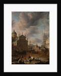 A Mediterranean 'capriccio' harbour with figures conversing on a quay and a Dutch three-master mooring beyond, 1665 by Jan Beerstraten
