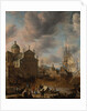 A Mediterranean 'capriccio' harbour with figures conversing on a quay and a Dutch three-master mooring beyond, 1665 by Jan Beerstraten