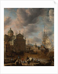 A Mediterranean 'capriccio' harbour with figures conversing on a quay and a Dutch three-master mooring beyond, 1665 by Jan Beerstraten