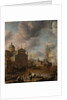 A Mediterranean 'capriccio' harbour with figures conversing on a quay and a Dutch three-master mooring beyond, 1665 by Jan Beerstraten
