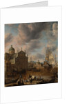 A Mediterranean 'capriccio' harbour with figures conversing on a quay and a Dutch three-master mooring beyond, 1665 by Jan Beerstraten
