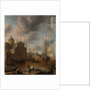 A Mediterranean 'capriccio' harbour with figures conversing on a quay and a Dutch three-master mooring beyond, 1665 by Jan Beerstraten