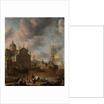 A Mediterranean 'capriccio' harbour with figures conversing on a quay and a Dutch three-master mooring beyond, 1665 by Jan Beerstraten