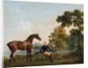 James Hamilton, 2nd Earl of Clanbrassil, with his bay hunter Mowbray, resting on a wooded path by a lake, 1765 by George Stubbs