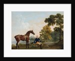 James Hamilton, 2nd Earl of Clanbrassil, with his bay hunter Mowbray, resting on a wooded path by a lake, 1765 by George Stubbs