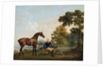 James Hamilton, 2nd Earl of Clanbrassil, with his bay hunter Mowbray, resting on a wooded path by a lake, 1765 by George Stubbs