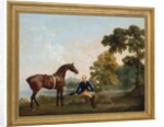 James Hamilton, 2nd Earl of Clanbrassil, with his bay hunter Mowbray, resting on a wooded path by a lake, 1765 by George Stubbs