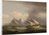 An armed Xebec in the Mediterranean, a British frigate off her stern and running past a rocky coastlibne, 1822 by Thomas Luny