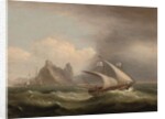 An armed Xebec in the Mediterranean, a British frigate off her stern and running past a rocky coastlibne, 1822 by Thomas Luny