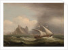 An armed Xebec in the Mediterranean, a British frigate off her stern and running past a rocky coastlibne, 1822 by Thomas Luny