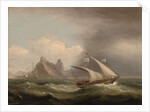 An armed Xebec in the Mediterranean, a British frigate off her stern and running past a rocky coastlibne, 1822 by Thomas Luny