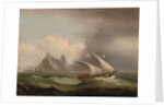 An armed Xebec in the Mediterranean, a British frigate off her stern and running past a rocky coastlibne, 1822 by Thomas Luny