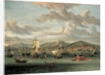 Dutch shipping off the Bay of Smyrna with a state barge by Abraham Storck