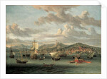 Dutch shipping off the Bay of Smyrna with a state barge by Abraham Storck