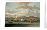 Dutch shipping off the Bay of Smyrna with a state barge by Abraham Storck