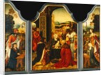 Triptych: Adoration of the Magi, with St. James presenting the donor and St. Catherine of Alexandria presenting the donor's wife and two daughters by Master of the Holy Blood