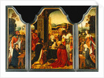 Triptych: Adoration of the Magi, with St. James presenting the donor and St. Catherine of Alexandria presenting the donor's wife and two daughters by Master of the Holy Blood