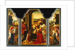 Triptych: Adoration of the Magi, with St. James presenting the donor and St. Catherine of Alexandria presenting the donor's wife and two daughters by Master of the Holy Blood