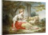 A Shepherdess Seated with Sheep and a Basket of Flowers Near a Ruin in a Wooded Landscape by Jean-Honore Fragonard